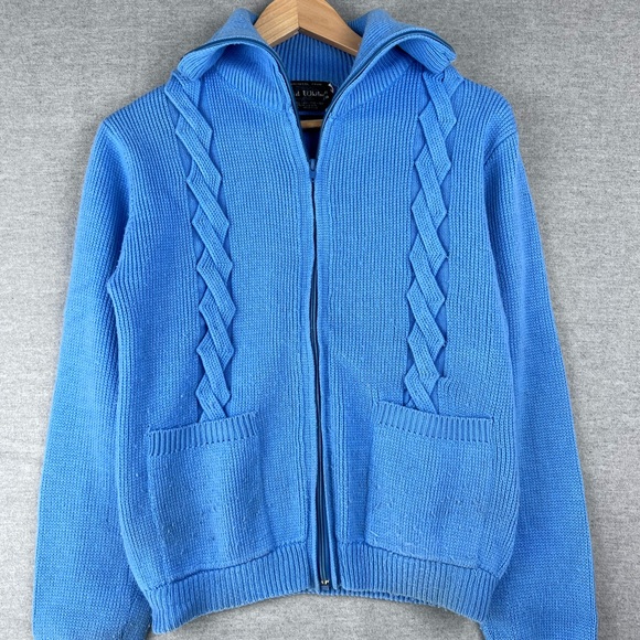 Vintage Brad Whitney Mens Blue Full Zip Cable Knit Cardigan Sweater Large 70s